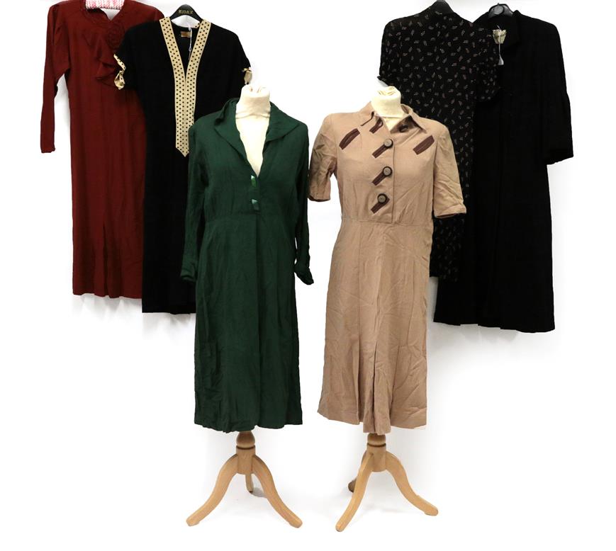 Lot 2068 - Circa 1930-40s Ladies' Day and Other Dresses, comprising a black textured short-sleeved dress...