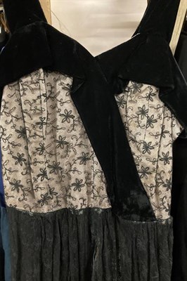 Lot 2073 - Circa 1930-50s Ladies' Evening Wear, comprising a black lace mounted dress with black velvet straps