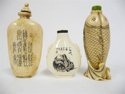 Lot 194 - A Chinese Ivory Snuff Bottle, circa 1920, as two conjoined fish, 8cm high; An Ivory Snuff...