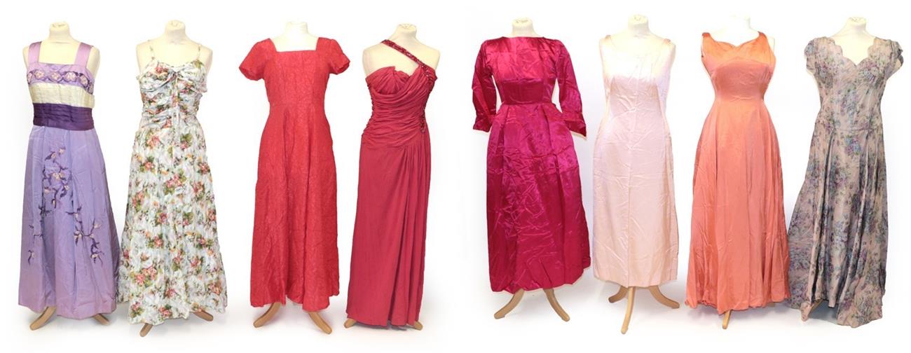 Lot 2089 - Assorted Circa 1950-60s Full Length Evening Dresses, comprising a floral cotton mounted...