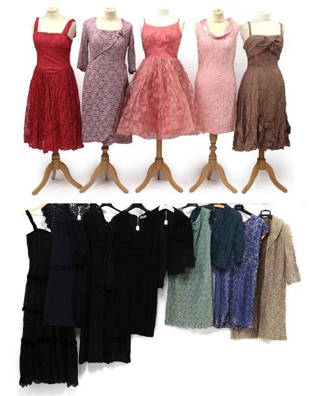 Lot 2092 - Circa 1950-60s Lace Mounted Dresses and Jackets, comprising a blue lace mounted shift dress...