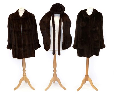 Lot 2110 - Brown Chevron Striped Light Fur Hooded Jacket, with drawstring to the neck mounted with pom...