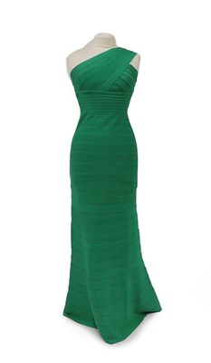 Lot 2114 - Herve Leger Full-Length Green Bandage Dress, with single shoulder strap, (size small)