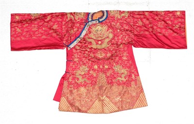 Lot 2127 - Early 20th Century Chinese Red Silk Robe, embroidered overall in gilt metal threads with...