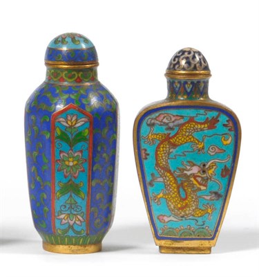 Lot 199 - A Chinese Cloisonné Snuff Bottle, Qing Dynasty, of spade form, worked on one side with a sky...