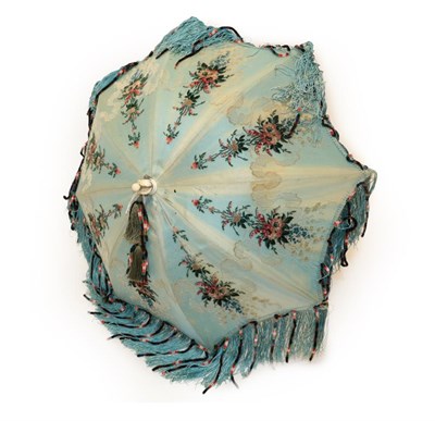 Lot 2137 - Late 19th Century Folding Parasol with Carved Ivory Handle, with a blue silk mount flocked with...