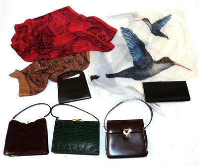 Lot 2142 - Assorted Handbags and Scarves, comprising a Timney Fowler red silk scarf depicting classical...