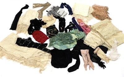 Lot 2144 - Assorted Ladies' Costume Accessories, including silk and other shawls, gloves, velvet neck ties etc