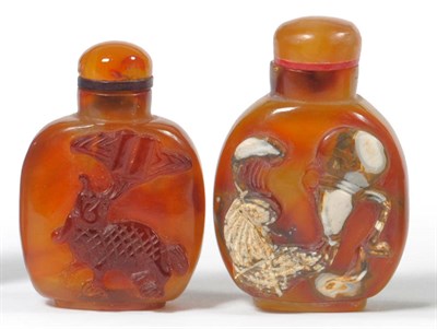 Lot 201 - Two Chinese Cameo Carved Chalcedony Snuff Bottles, Qing Dynasty, each of compressed rounded...