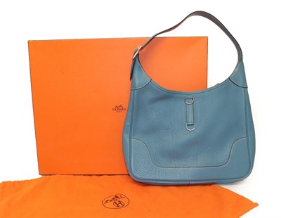 Lot 2189 - Hermes Blue Leather Clemence Shoulder Bag, with white contrast stitching, chrome hardware,...
