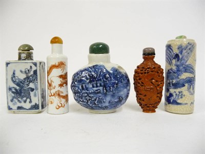 Lot 207 - A Group of Five Chinese Porcelain Snuff Bottles, late Qing Dynasty, including an example carved...