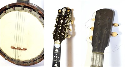 Lot 3044 - Banjo five string, 10 1/2'' head, open back, 31 lugs, various mother-of -pearl inlay shapes to next