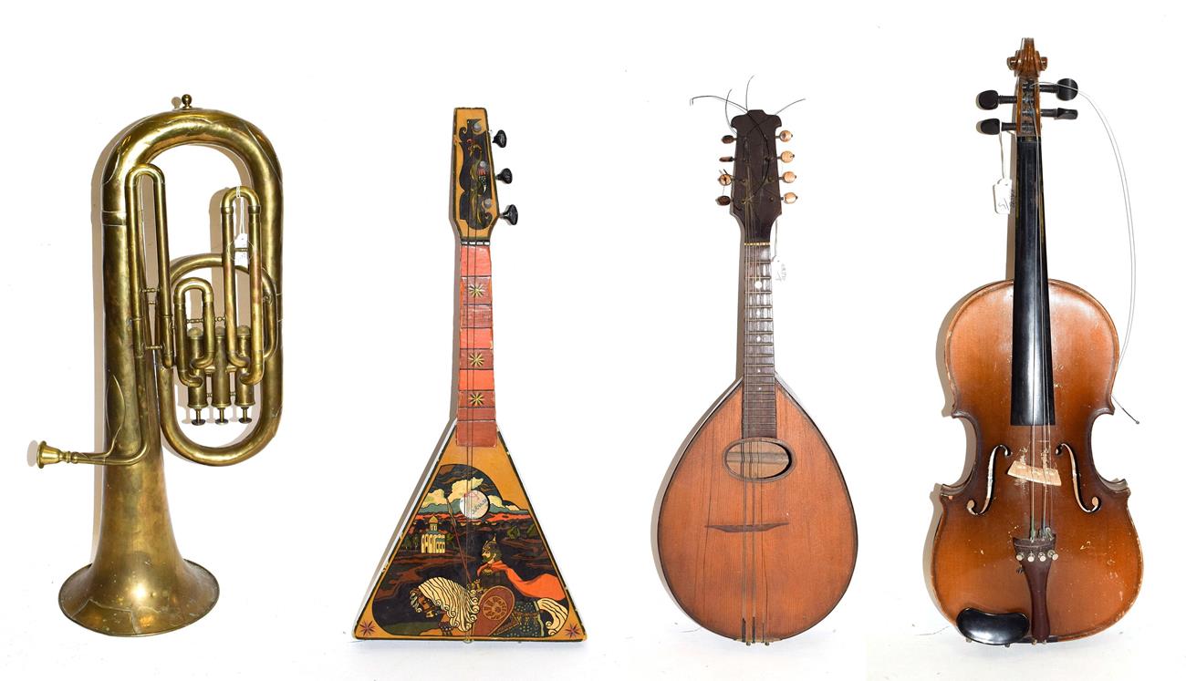 Lot 3051 - Various Instruments Flat back mandolin, no label, 17 frets, numerous cracks; Student violin Skylark