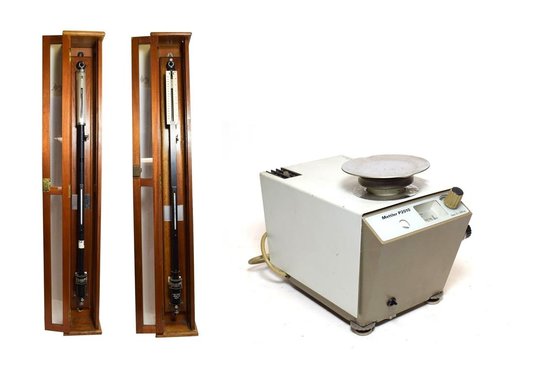 Lot 3064 - F D & Co (Watford) A Pair Of Laboratory Barometers both in wooden cases; together with a...