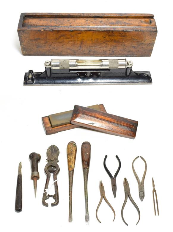 Lot 3084 - Various Tools including L S Starrett Co machinists level, sharpening stone, pliers and a few others