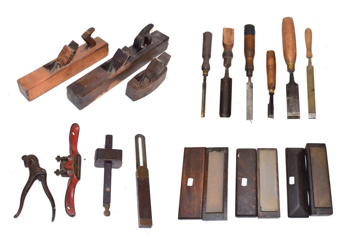 Lot 3088 - Various Woodworking Tools including four wooden block planes largest 22'', a further wooden...