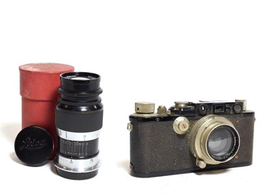 Lot 3093 - Leica III Camera no.121650 with Summar f2 50mm lens, in leather case; together with Leitz Elmar...