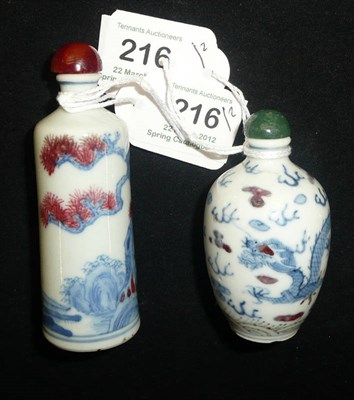 Lot 216 - A Chinese Blue and White and Copper Red Porcelain Snuff Bottle, Qing Dynasty, of slightly...