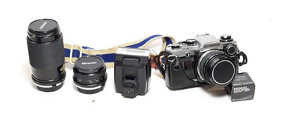 Lot 3099 - Olympus OM10 Camera with Zuiko Auto-S f1.8 50mm lens in leather case; together with Miranda lenses