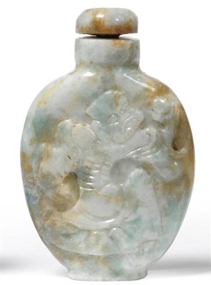 Lot 217 - A Chinese Jade Type Snuff Bottle, late Qing Dynasty, of slender flattened circular form, carved...