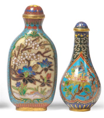 Lot 219 - A Chinese Cloisonné Snuff Bottle, Qing Dynasty, of bottle form, worked with two teardrop shape...