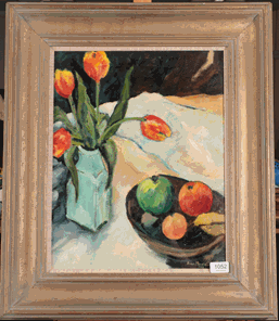 Lot 1052 - Anne Mendelow (b.1945) ''Four Tulips'' Signed and dated 1988, oil on board, 45cm by 35cm...