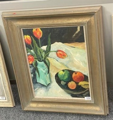 Lot 1052 - Anne Mendelow (b.1945) ''Four Tulips'' Signed and dated 1988, oil on board, 45cm by 35cm...
