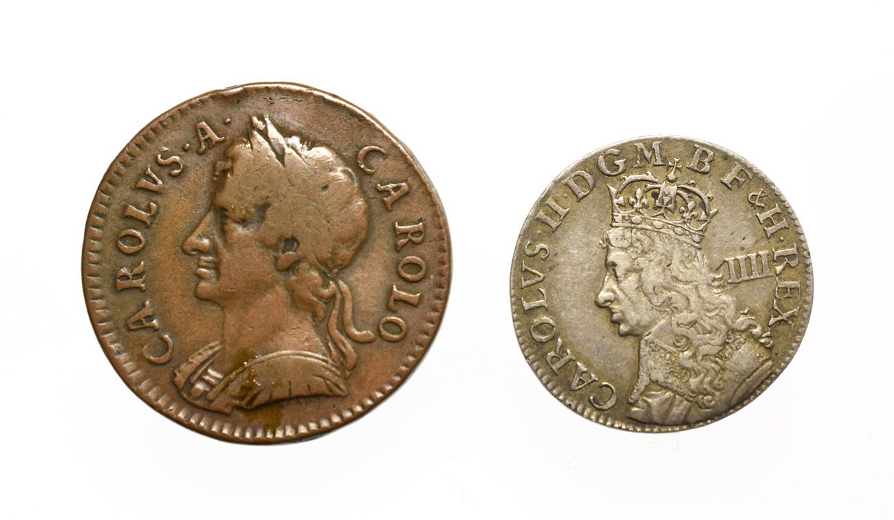 Lot 4008 - Charles II, 2 x Coins consisting of: Undated (1662) maundy groat. Obv: Crowned bust of Charles...