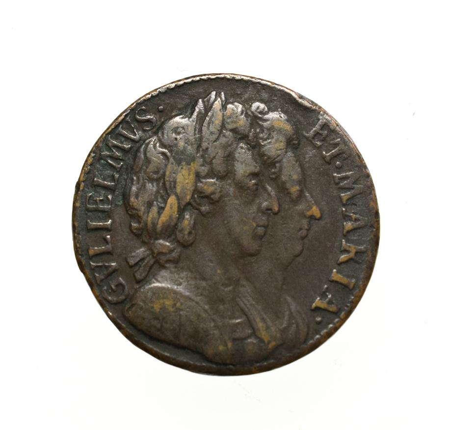 Lot 4013 - William and Mary, 1694 Farthing. Unbarred A's in Brittania error. Obv: Conjoined busts of...