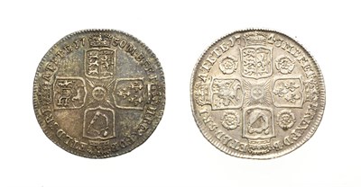 Lot 4019 - 2 x George II, Shillings, 1743, 1750. Obv: Laureate and draped bust left. Rev: Cruciform...