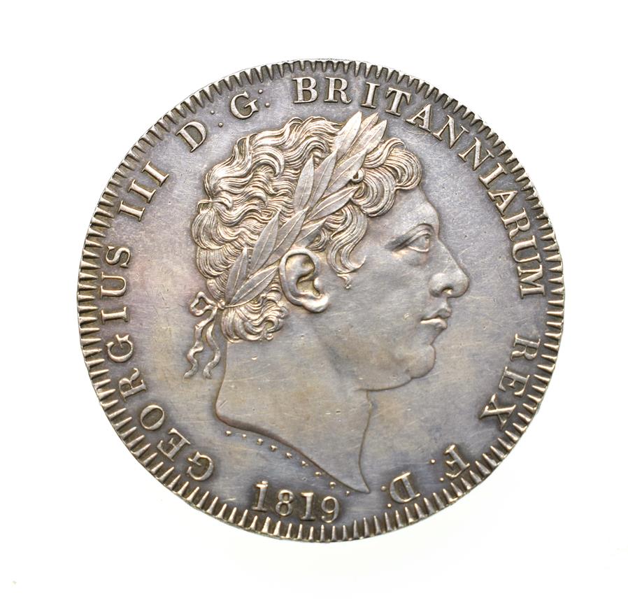 Lot 4024 - George III, 1819 Crown. Obv: Laureate head right, PISTRUCCI and date below truncation. Rev: St....