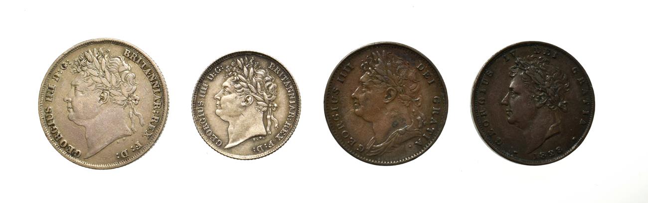Lot 4029 - George IV, A Group of 4 x Coins consisting of: 1824 shilling. Obv: Laureate head of George IV left.
