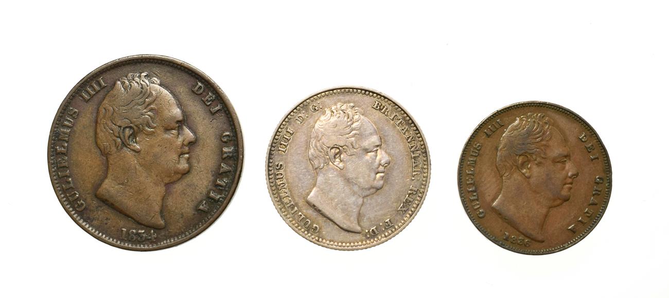 Lot 4031 - William IV, A Collection of 3 x Coins consisting of: 1834 shilling. Obv: Bare head of William...