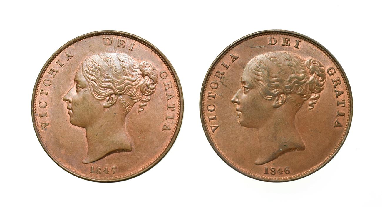 Lot 4038 - Victoria, 2 x Young Head Pennies, 1846, 1847. Obvs: Young head left, W.W. on truncation, dates...