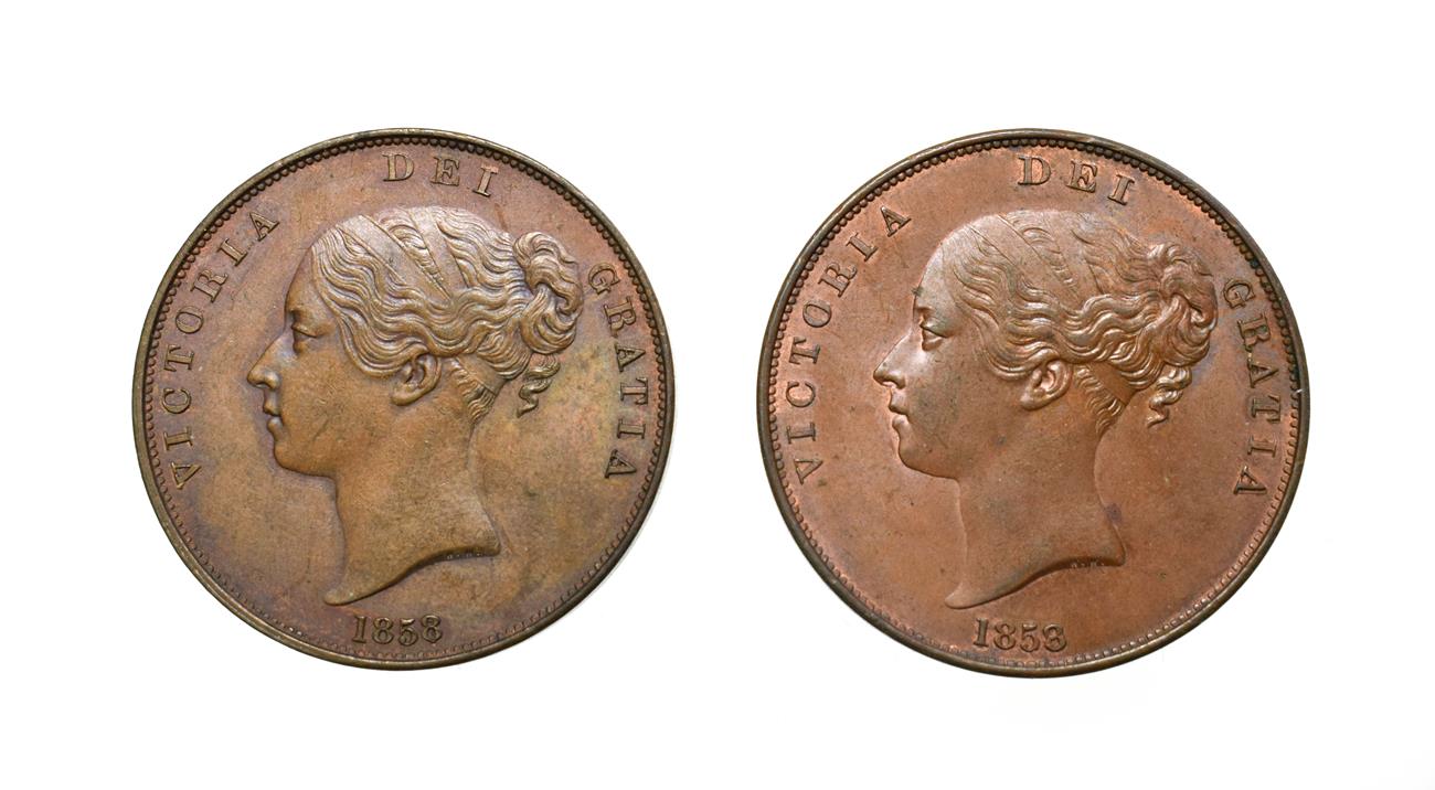 Lot 4045 - Victoria, 2 x Young Head Pennies, 1858, 1858/7. Obv: Young head left, W.W. on truncation, dates...