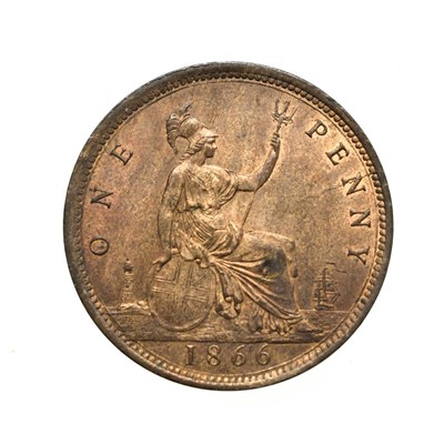 Lot 4050 - Victoria, 1866 Penny. ''Bun head'' type. Obv: 6, Laureate and draped bust left, hair tied in a bun.