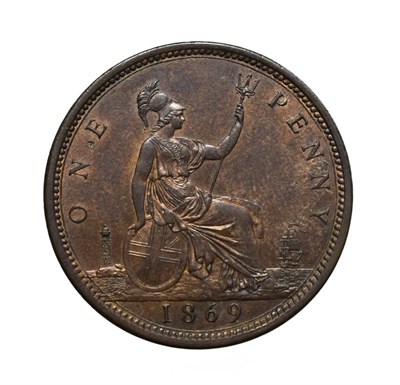 Lot 4053 - Victoria, 1869 Penny. ''Bun head'' type. Obv: 6, Laureate and draped bust left, hair tied in a bun.