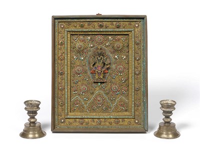 Lot 226 - A Tibetan Gilt Brass, Turquoise and Rock Crystal Mounted Buddhist Panel, circa 1900 or earlier,...