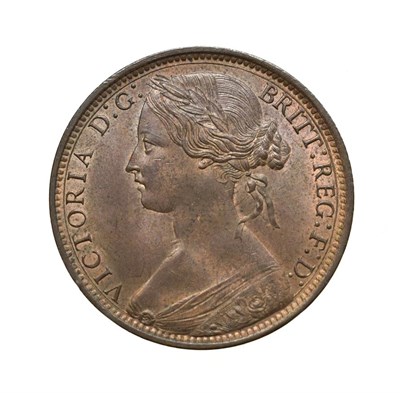 Lot 4056 - Victoria, 1874 H Penny. Heaton mint, Birmingham, ''bun head'' type. Obv: 7, ''older'', laureate and
