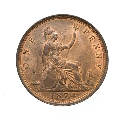 Lot 4056 - Victoria, 1874 H Penny. Heaton mint, Birmingham, ''bun head'' type. Obv: 7, ''older'', laureate and