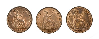 Lot 4064 - 3 x Victoria, Pennies, 1883, 1884, 1886. ''Bun head'' type. Obv: Laureate and draped bust left,...