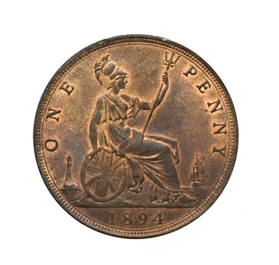 Lot 4066 - Victoria, 1894 Penny. "Bun head" type. Obv:12, laureate and draped bust left, hair tied in a...