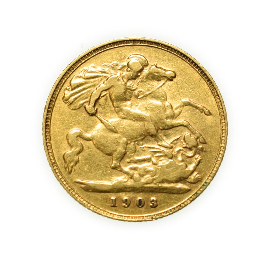 Lot 4071 - Edward VII 1903 Perth Mint Half-Sovereign. Obv: Older, crowned and veiled head of Victoria...
