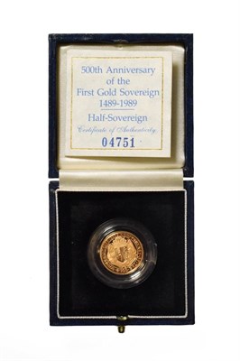 Lot 4122 - Elizabeth II, 1989 Proof Half-Sovereign. 500th anniversary of the first gold sovereign. Obv:...