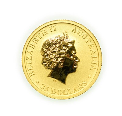 Lot 4172 - Australia, 2014 Twenty Five Dollars, 1/4 oz .999 Gold. Obv: Fourth portrait of Elizabeth II...