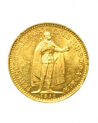 Lot 4184 - Hungary, Franz Joseph 1911 10 korona. Obv: Emperor standing holding sceptre and orb, 1911 in...