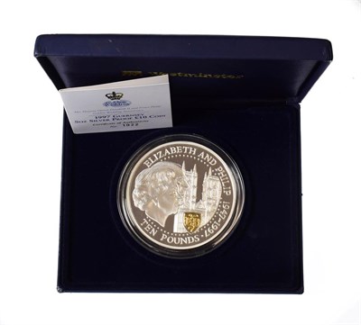 Lot 4191 - Guernsey, 1997 Silver Proof Ten Pounds. 5oz .999 silver. Obv: Third portrait of Elizabeth II right