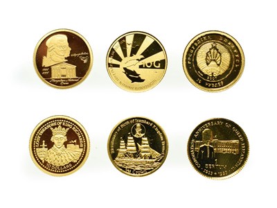 Lot 4218 - A Collection of 6 x World Gold Coins consisting of: Mongolia, 2006 gold proof 1000 tugrik....