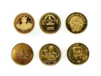 Lot 4219 - A Collection of 6 x World Gold Coins consisting of: Mongolia, 2006 gold proof 1000 tugrik....