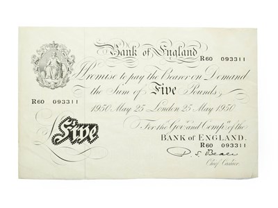 Lot 4233 - Bank of England White Five Pound, Beale, London May 25 1950, serial No. R60 093311; faint...